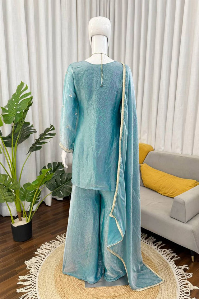 Blue Floral Embroidered Art Silk Palazzo Suit (RT-6015-sky blue)