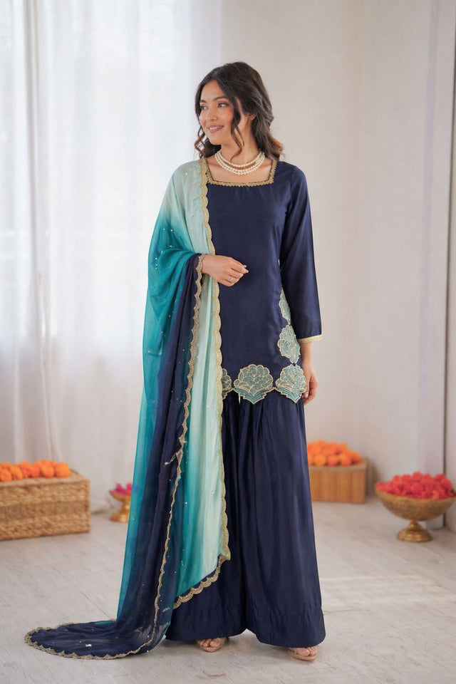 Blue Floral Embroidered Crepe Palazzo Suit (RT-6016)