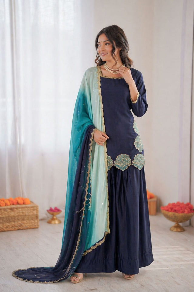 Blue Floral Embroidered Crepe Palazzo Suit (RT-6016)