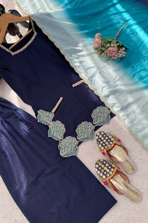 Blue Floral Embroidered Crepe Palazzo Suit (RT-6016)