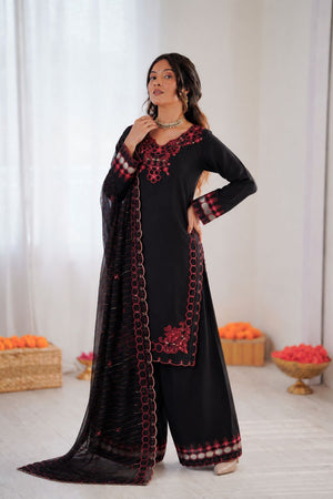 Black Floral Embroidered Chanderi Straight Cut Suit (RT-6018-black)