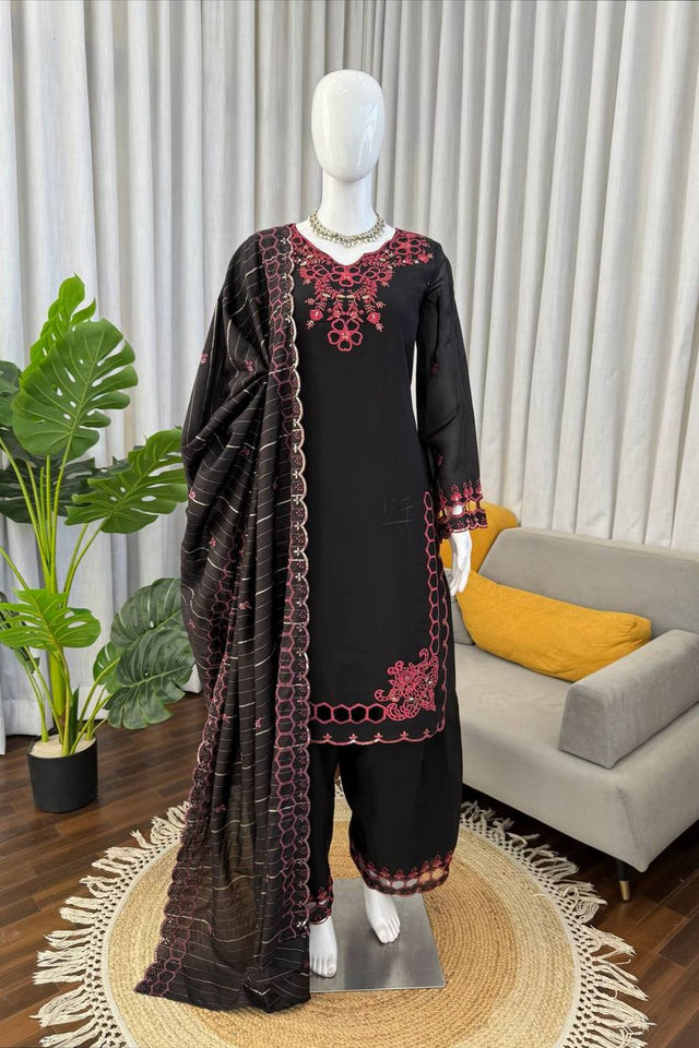 Black Floral Embroidered Chanderi Straight Cut Suit (RT-6018-black)