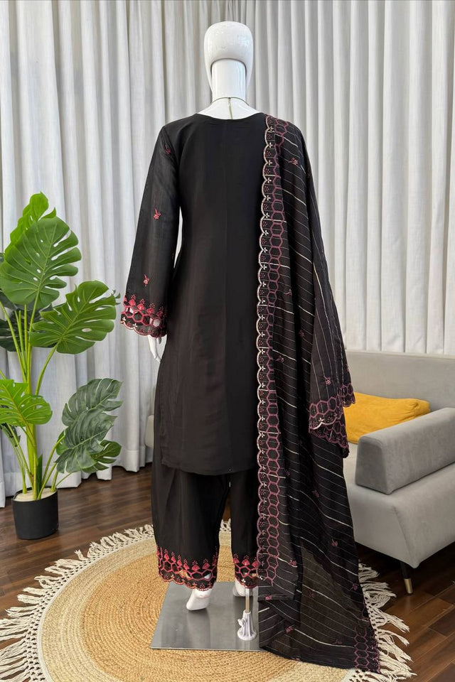 Black Floral Embroidered Chanderi Straight Cut Suit (RT-6018-black)