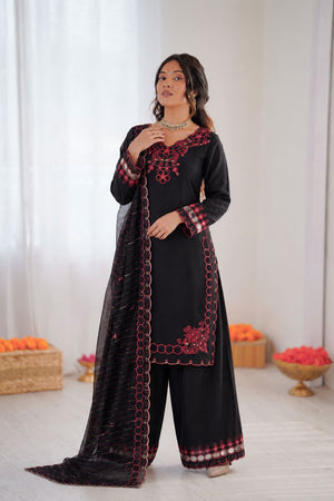 Black Floral Embroidered Chanderi Straight Cut Suit (RT-6018-black)