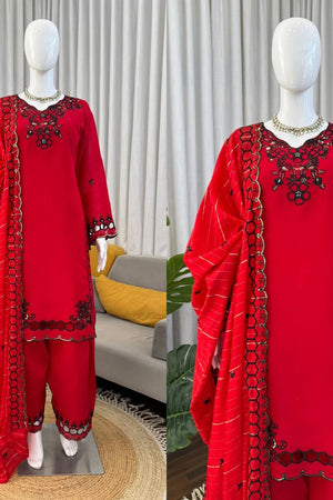 Red Floral Embroidered Chanderi Straight Cut Suit (RT-6018-red)