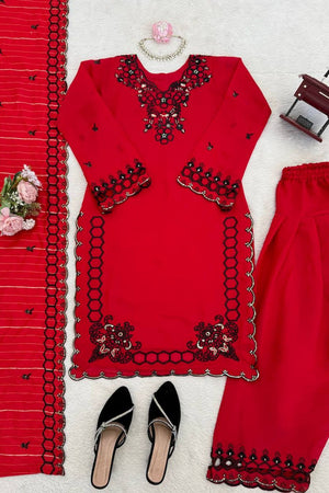 Red Floral Embroidered Chanderi Straight Cut Suit (RT-6018-red)