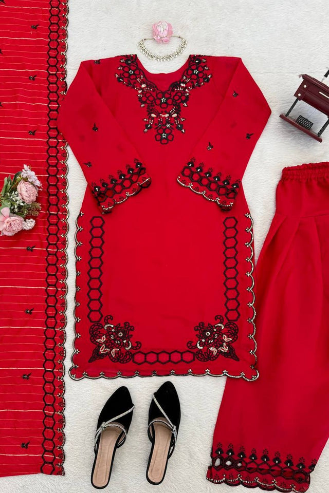 Red Floral Embroidered Chanderi Straight Cut Suit (RT-6018-red)