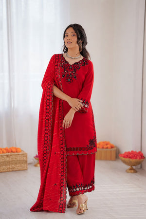 Red Floral Embroidered Chanderi Straight Cut Suit (RT-6018-red)