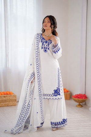Off White Floral Embroidered Chanderi Straight Cut Suit (RT-6018-white)