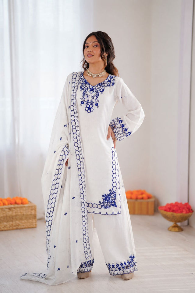 Off White Floral Embroidered Chanderi Straight Cut Suit (RT-6018-white)