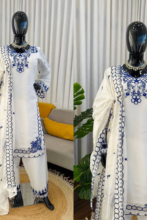 Off White Floral Embroidered Chanderi Straight Cut Suit (RT-6018-white)