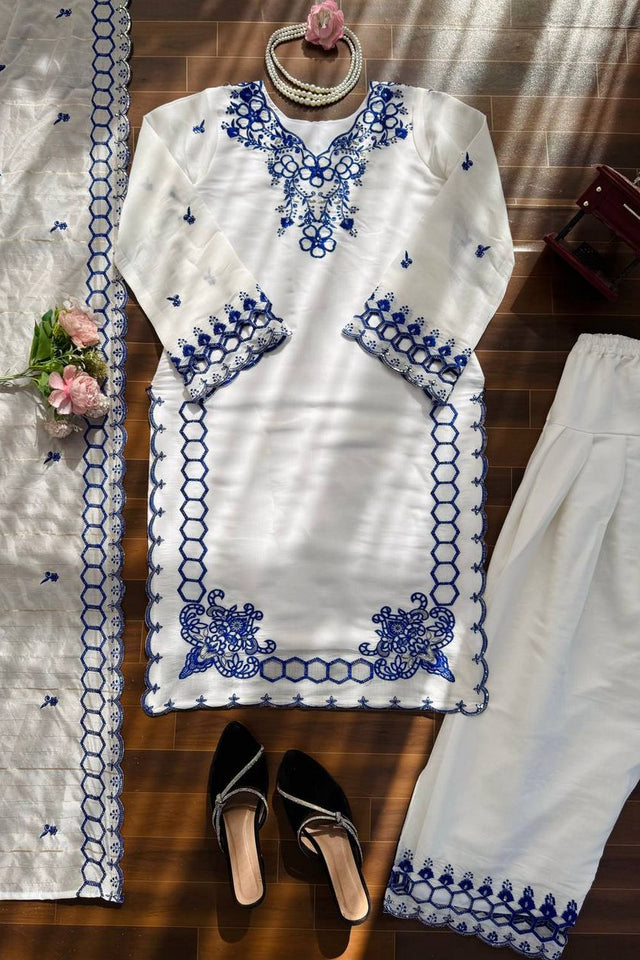 Off White Floral Embroidered Chanderi Straight Cut Suit (RT-6018-white)