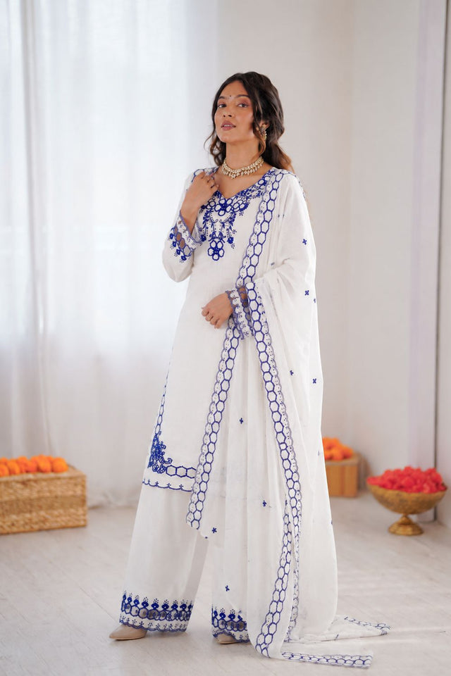 Off White Floral Embroidered Chanderi Straight Cut Suit (RT-6018-white)
