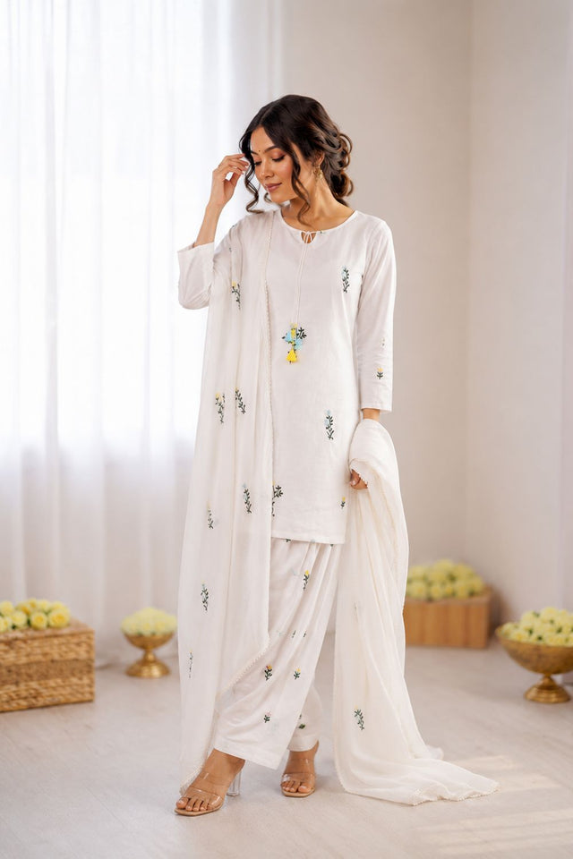 Off White Floral Embroidered Chanderi Straight Cut Suit (RT-6019)
