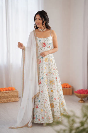 Off White Embroidered Georgette Anarkali Suit (RT-6021)