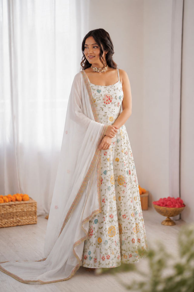 Off White Embroidered Georgette Anarkali Suit (RT-6021)