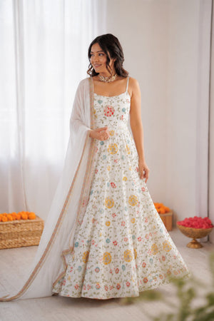 Off White Embroidered Georgette Anarkali Suit (RT-6021)
