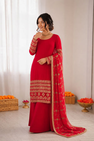 Red Embroidered Georgette Palazzo Suit (RT-6022)
