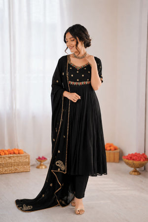 Black Floral Embroidered Art Silk Anarkali Suit (RT-6024)