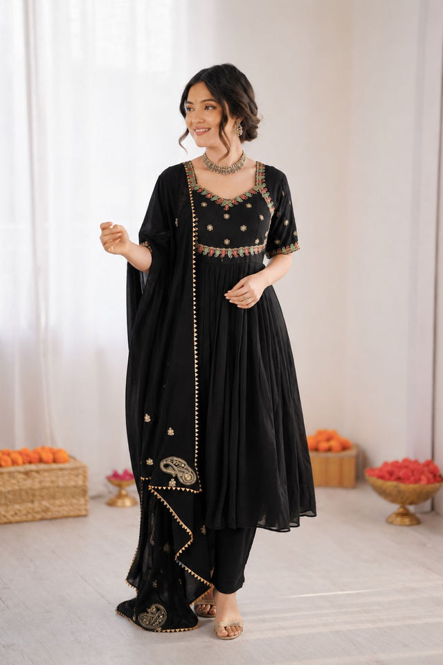Black Floral Embroidered Art Silk Anarkali Suit (RT-6024)