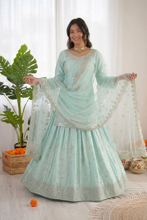 Blue Sequin Satin Skirt Set (RT-6027)