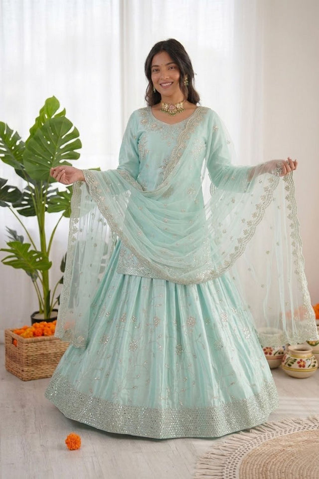 Blue Sequin Satin Skirt Set (RT-6027)