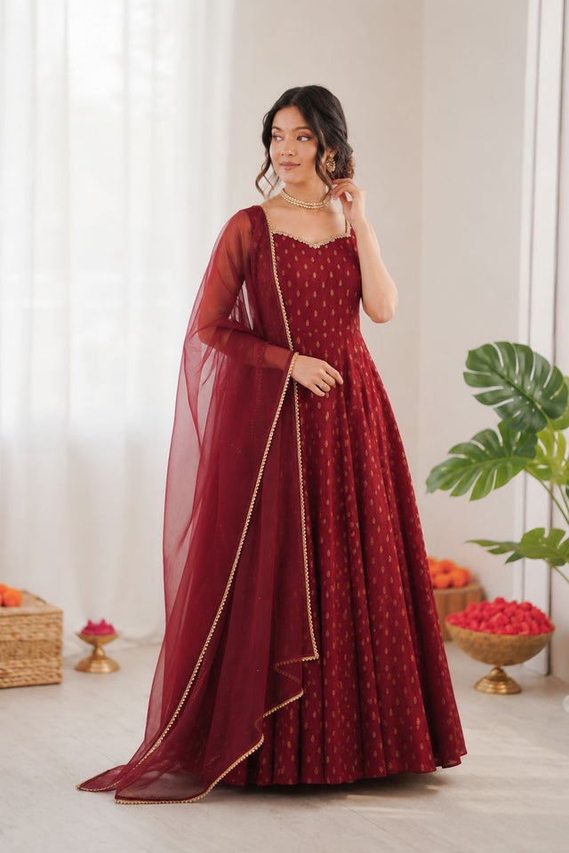 Maroon Embroidered Chanderi Silk Anarkali Suit (RT-6028)