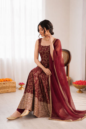 Maroon Floral Embroidered Chanderi Silk Anarkali Suit (RT-6029)
