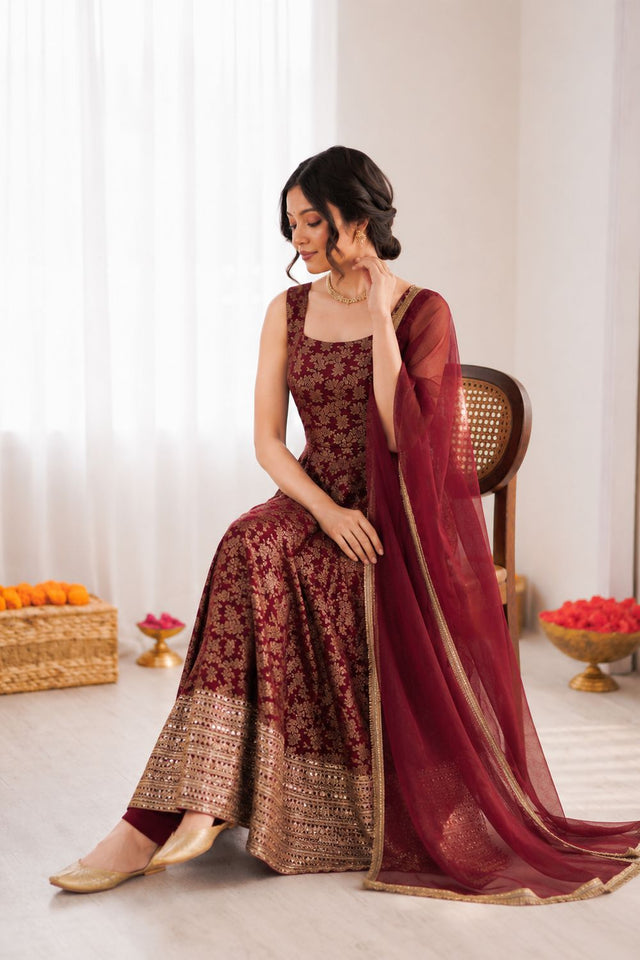 Maroon Floral Embroidered Chanderi Silk Anarkali Suit (RT-6029)
