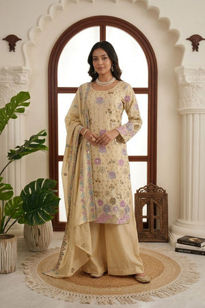 Cream Floral Embroidered Art Silk Palazzo Suit (RT-6030)