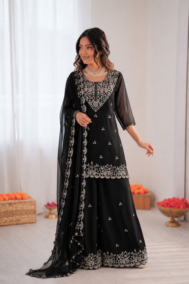 Black Floral Embroidered Georgette Palazzo Suit (RT-6031)
