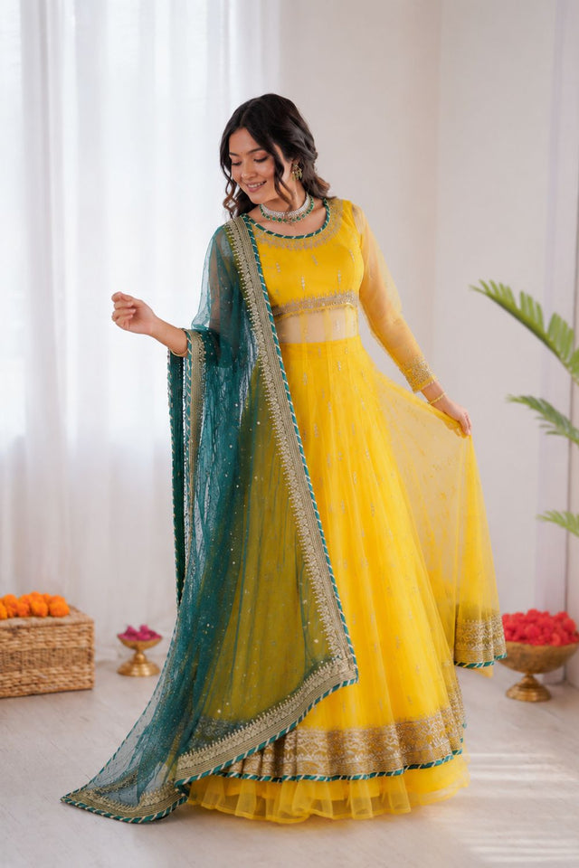 Yellow Embroidered Net Anarkali Suit (RT-6033)