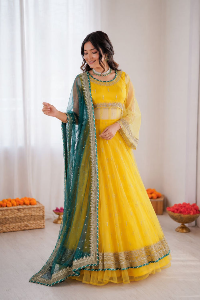 Yellow Embroidered Net Anarkali Suit (RT-6033)