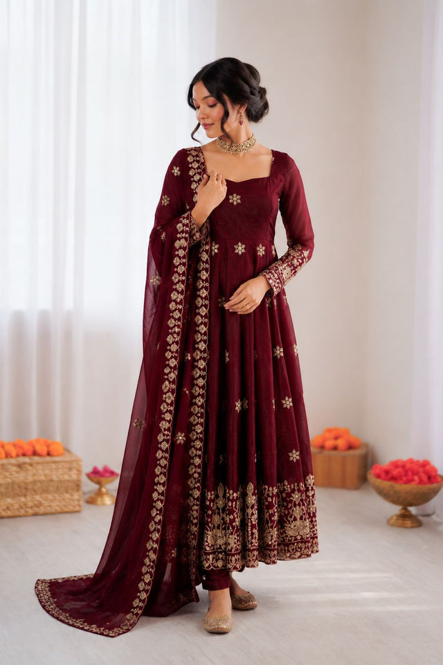 Maroon Floral Embroidered Art Silk Anarkali Suit (RT-6034-maroon)