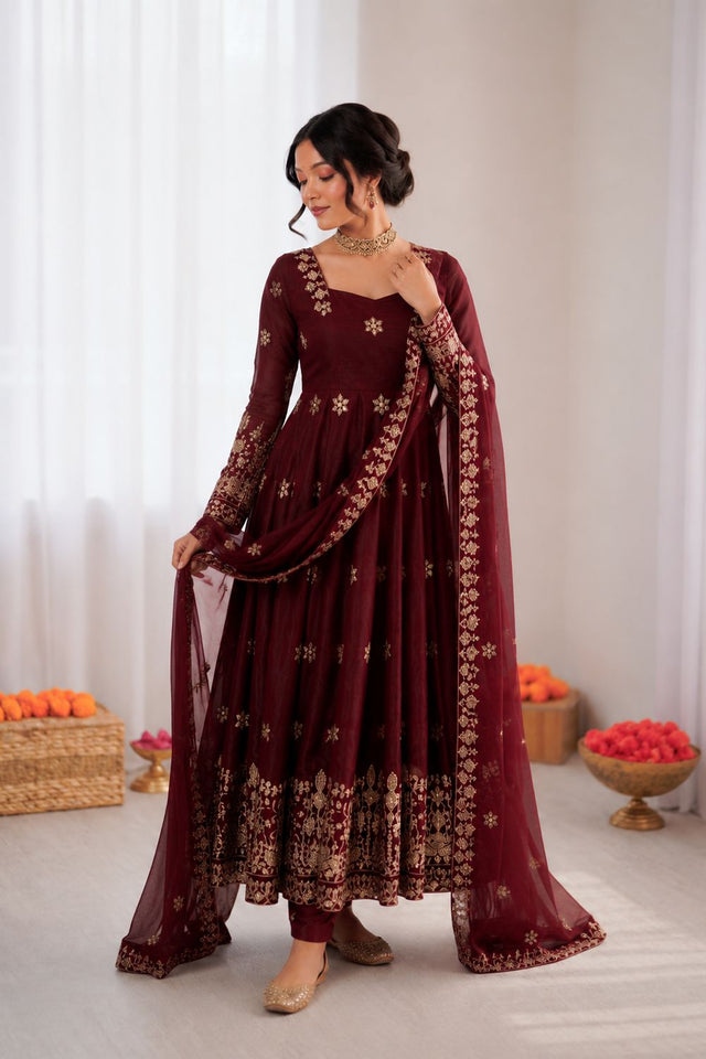 Maroon Floral Embroidered Art Silk Anarkali Suit (RT-6034-maroon)