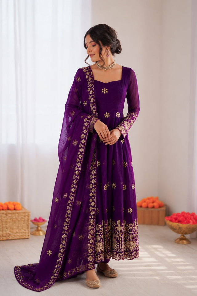 Violet Floral Embroidered Art Silk Anarkali Suit (RT-6034-violet)