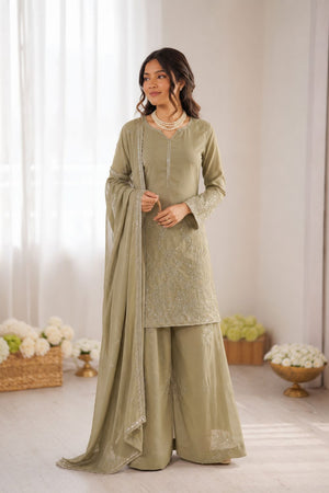 Olive Green Sequin with Embroidered Georgette Palazzo Suit (RT-6037)