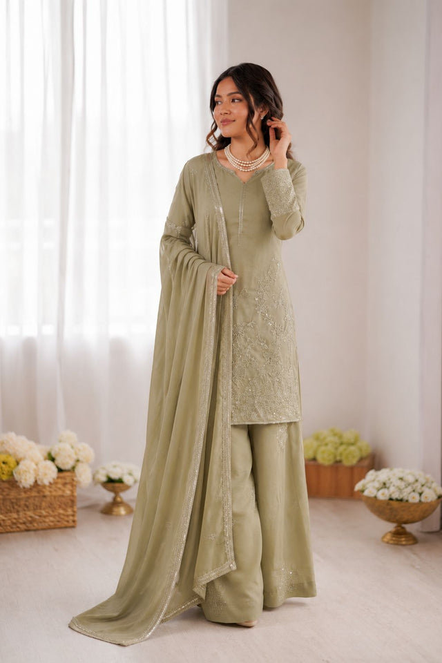 Olive Green Sequin with Embroidered Georgette Palazzo Suit (RT-6037)