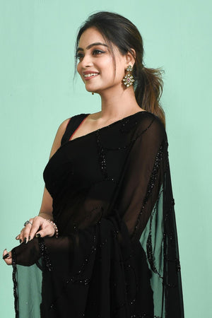 Black Beads & Stone Embossed Georgette Saree (RWGLLP6C3800)