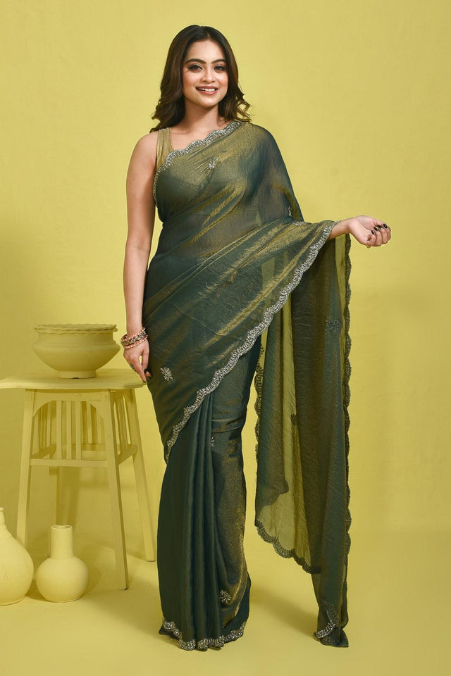 Green Beads & Stone Embossed Tissue Saree (RWIGGS6C3774)