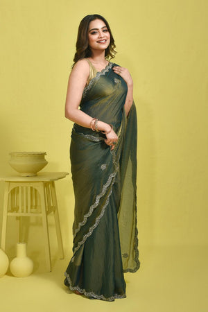 Green Beads & Stone Embossed Tissue Saree (RWIGGS6C3774)