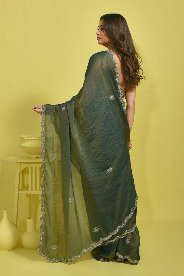 Green Beads & Stone Embossed Tissue Saree (RWIGGS6C3774)
