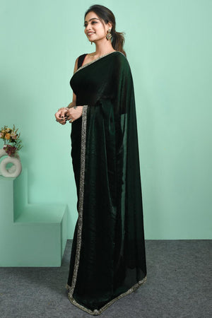 Green Beads & Stone Embossed Satin Saree (RWTGGR6C3803)