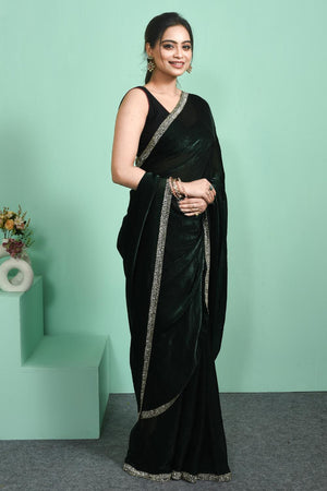 Green Beads & Stone Embossed Satin Saree (RWTGGR6C3803)
