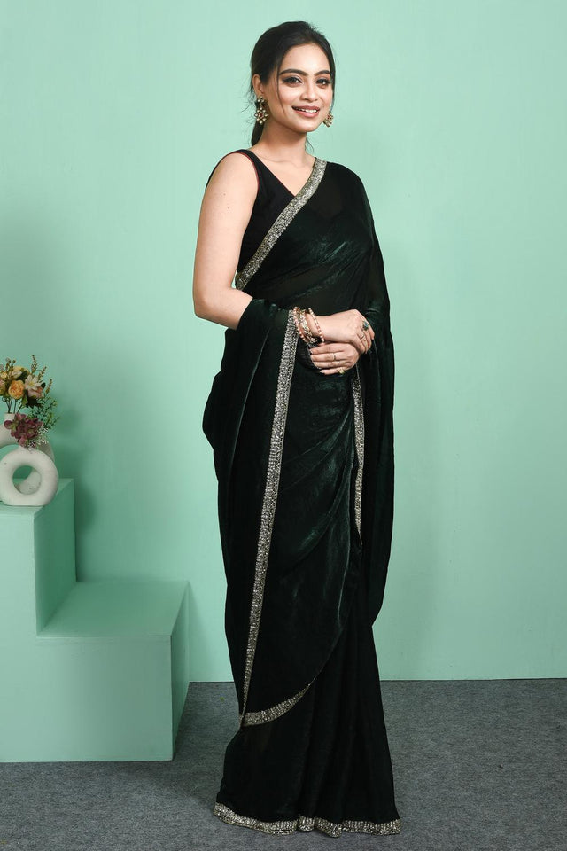 Green Beads & Stone Embossed Satin Saree (RWTGGR6C3803)