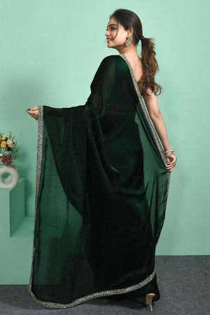 Green Beads & Stone Embossed Satin Saree (RWTGGR6C3803)