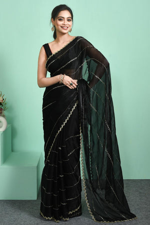 Black Beads & Stone Embossed Satin Saree (RWTLLL6C3797)