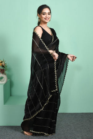 Black Beads & Stone Embossed Satin Saree (RWTLLL6C3797)