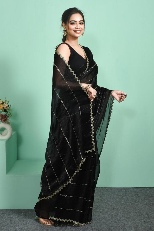 Black Beads & Stone Embossed Satin Saree (RWTLLL6C3797)