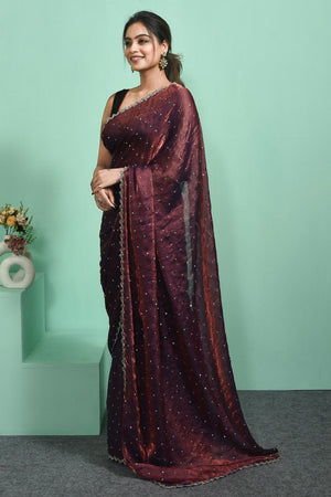 Maroon Beads & Stone Embossed Satin Saree (RWTMMN6C3790)